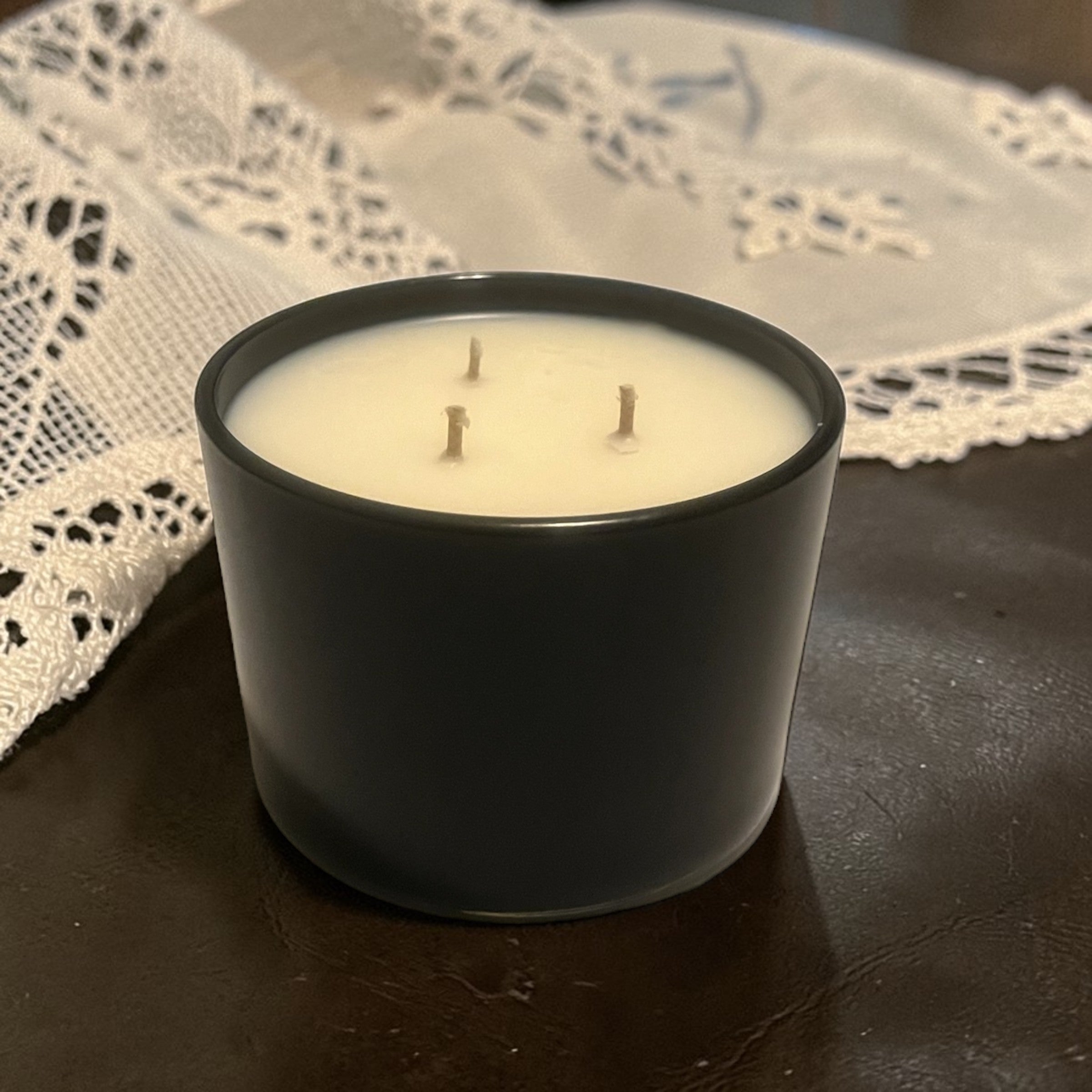 12 Ounce Round Glass Leather and Lace Soy Wax Candle
