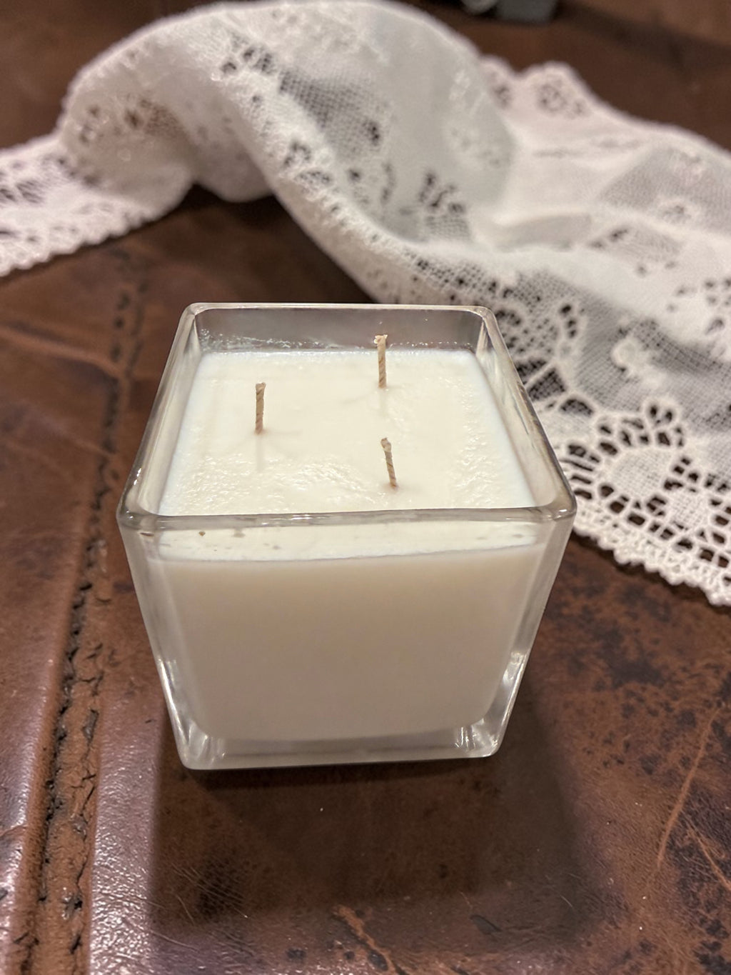 18 Ounce Square Glass Leather and Lace Soy Wax Candle