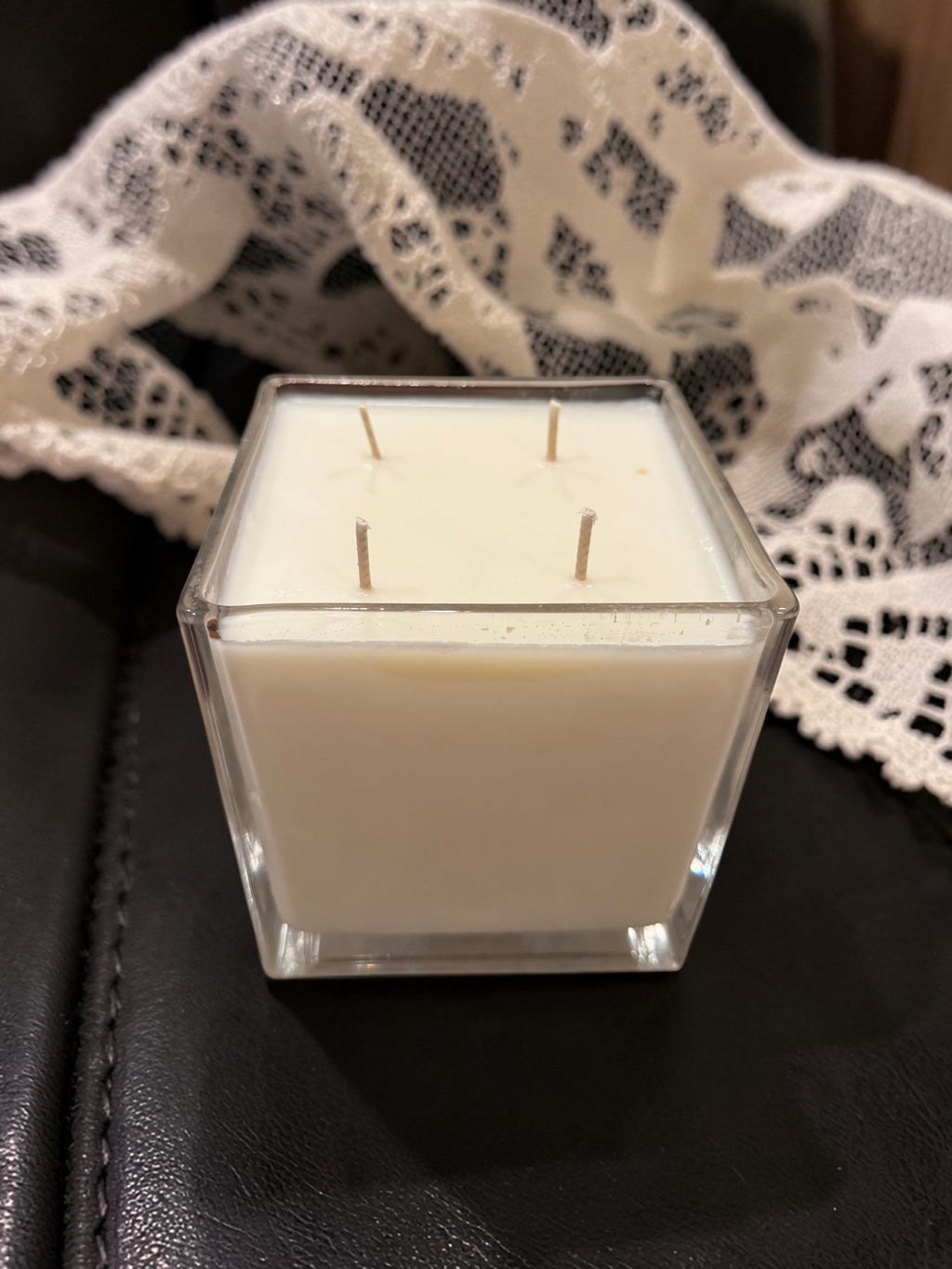 32 Ounce Square Glass Leather and Lace Soy Wax Candle