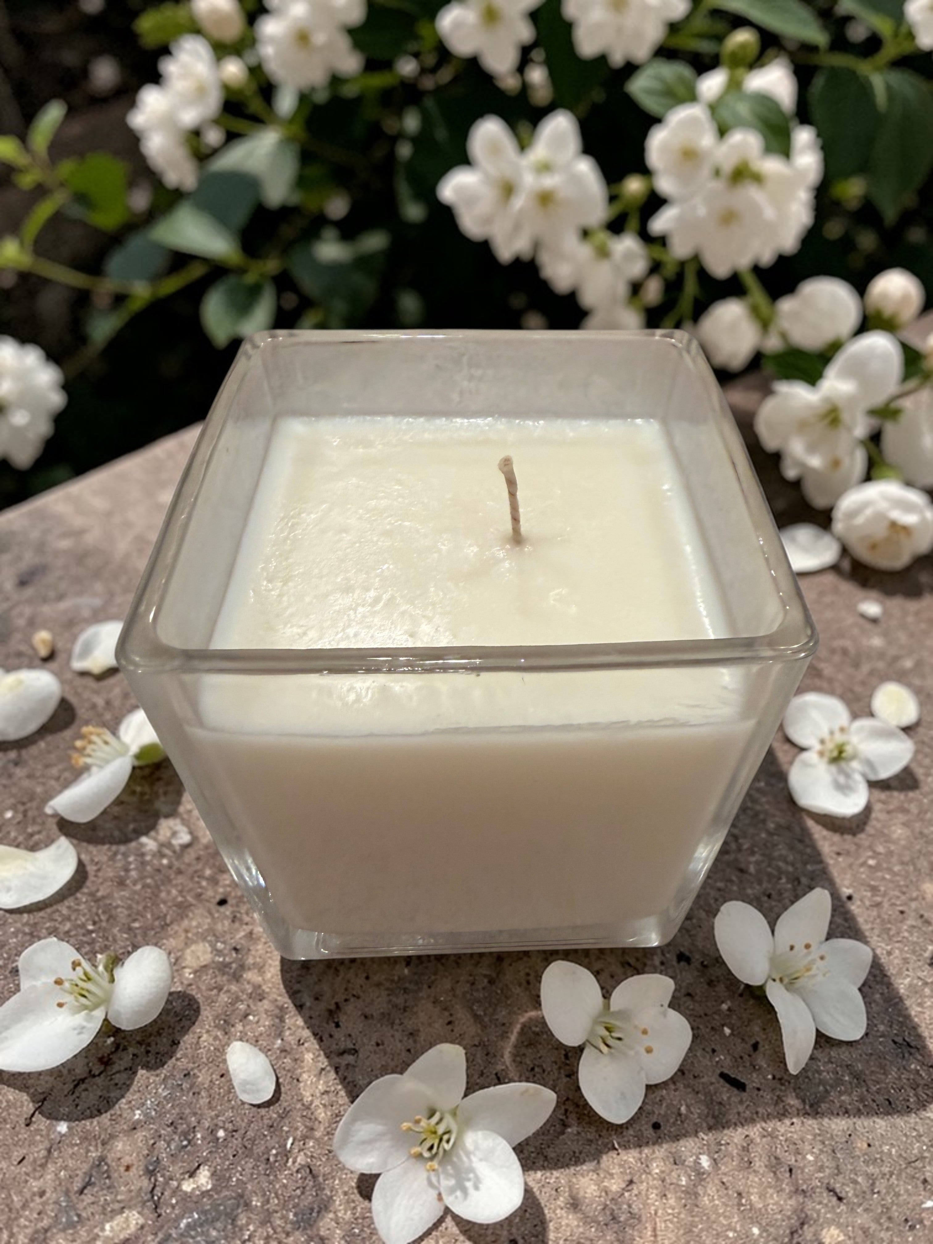 8 Ounce Square Glass Jasmine Soy Wax Candle