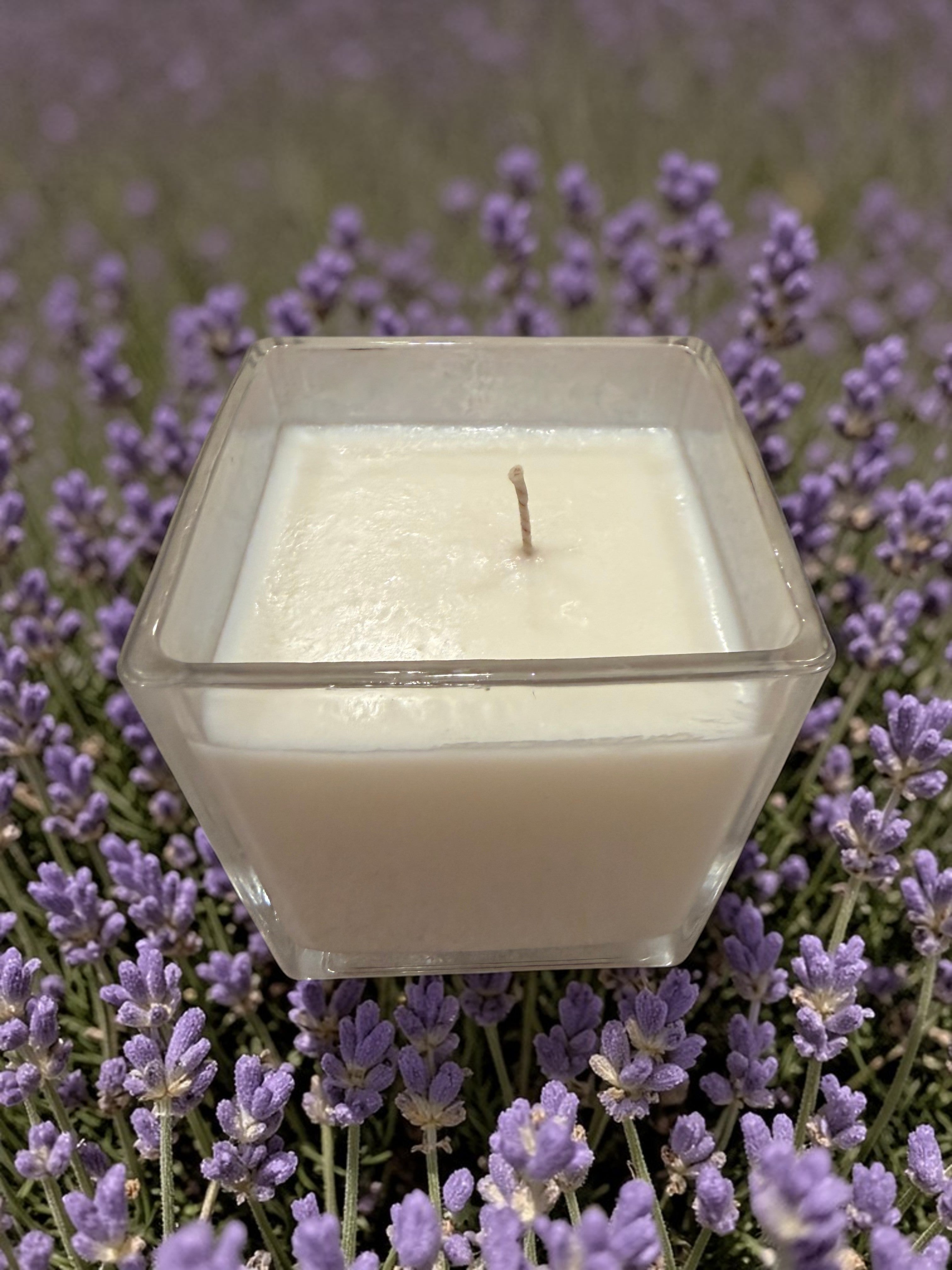 8 Ounce Square Glass Lavender Fields Soy Wax Candle