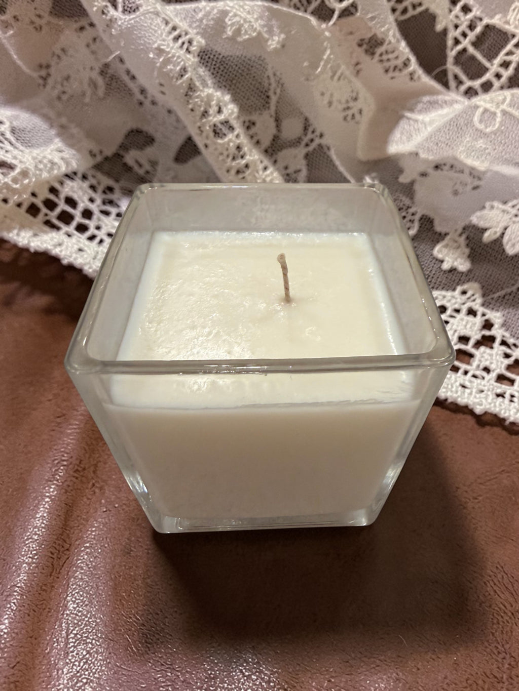 8 Ounce Square Glass Leather and Lace Soy Wax Candle